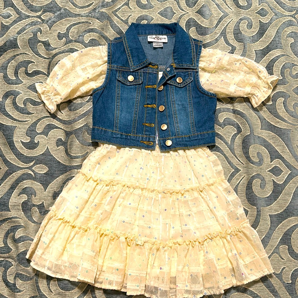 Girls 5 Sleeveless Denim Vest & Sequin-Embellished Floral Chiffon Fit-And-Flare - Picture 5 of 5